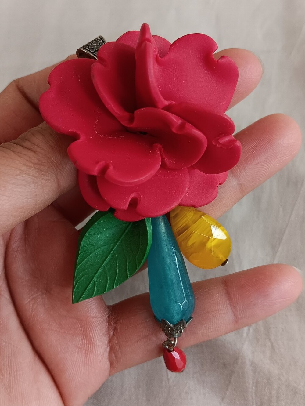 Handmade Red Rose Flower Pendant Necklace with Teal and Yellow Accents